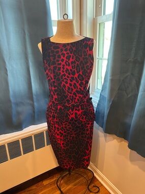 Cache Red and Black Leopard Print Midi Sheath Dress